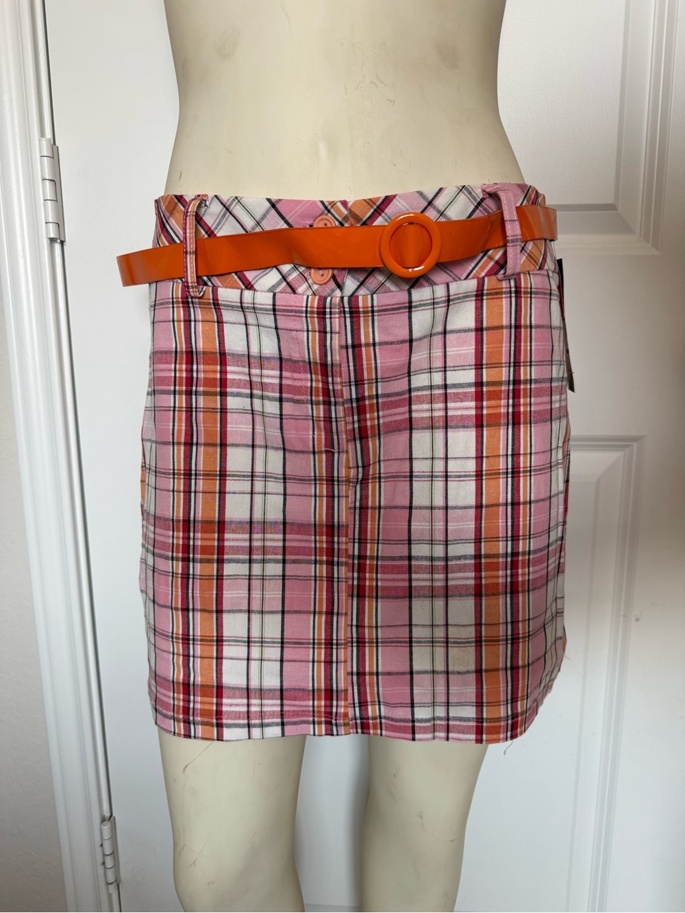 Vintage Cotton Fashion Magazine Beverly Boutique Pink & Orange Plaid Mini Skirt